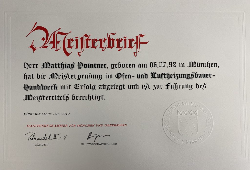 Meisterbrief Ofen- und Luftheizungsbauer - Kopie Meisterbrief M. Pointner Ofen- und Luftheizungsbauer