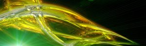Abstract digital art with green and yellow flowing glass-like shapes suggesting speed and motion.
