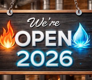Sign reading We're OPEN 2026 with flame left and water droplet right.